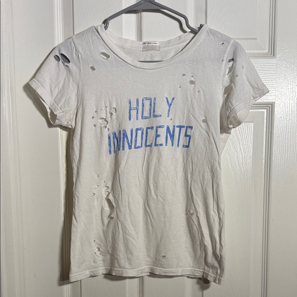 MOTHER White Distressed Tee with Blue Graphic